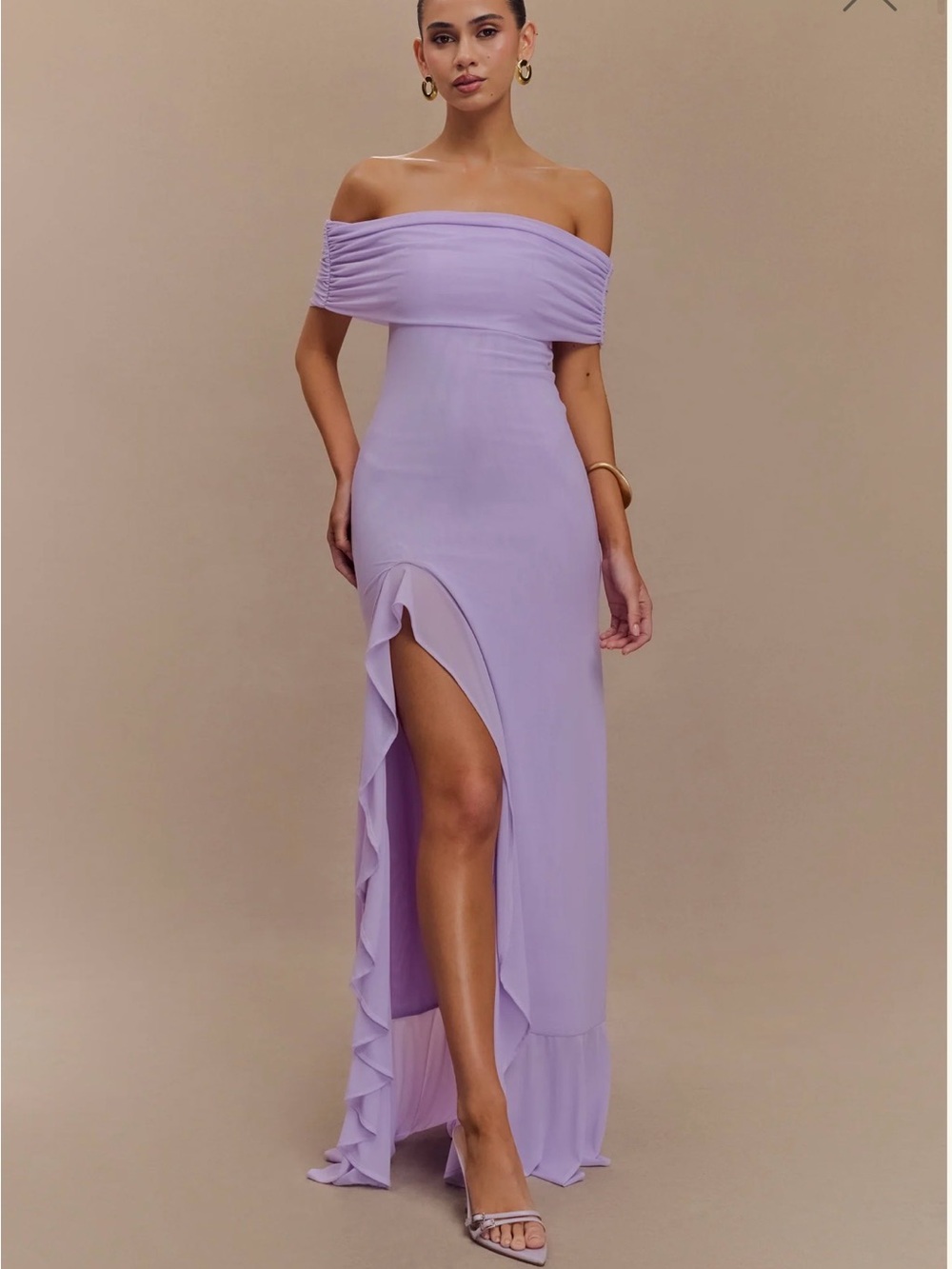 Meshki Lilac Off‑Shoulder Ruffle Thigh‑Slit Maxi Dress